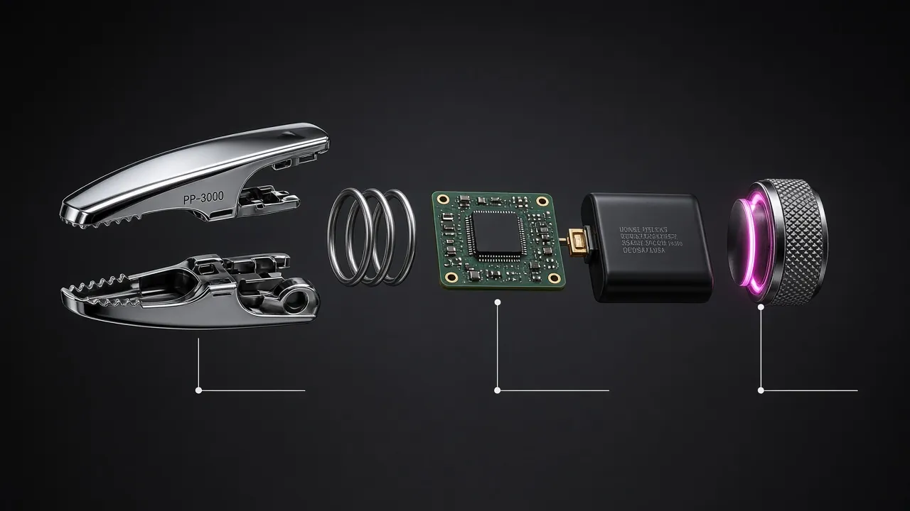 Exploded technical view: chrome jaws, spring, circuit board, battery and the LED dial