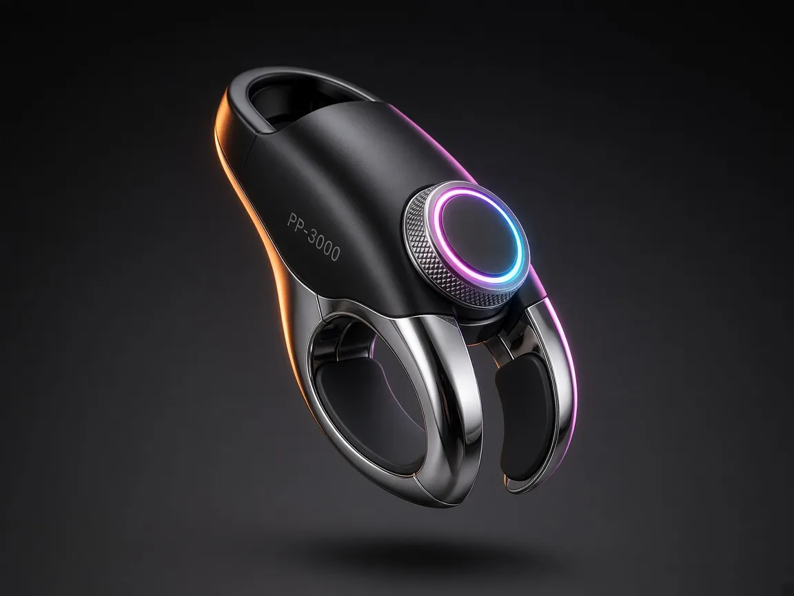 Render of the Pee Pee Pincher 3000: a chrome and matte-black clothespin-style gadget with a knurled dial and glowing LED ring