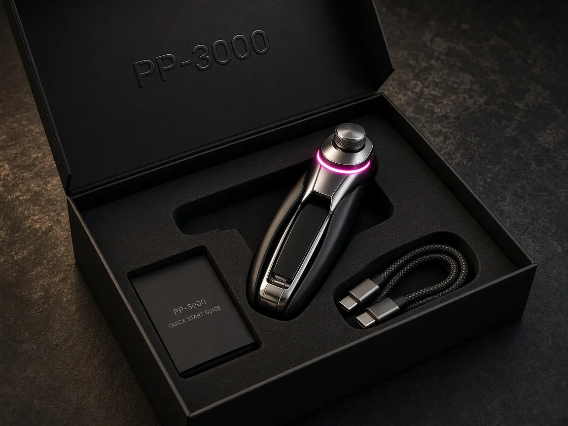 Unboxing: the PP-3000 in a matte black premium box with a quick start guide and a braided cable